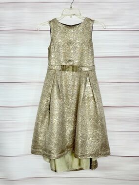 Marie Chantal Girls Gold Shimmer Metallic Party Dress Hi-Low Tulle Bow Size 10